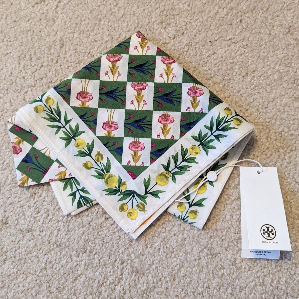 Tory Burch Green White Floral Checker Scarf